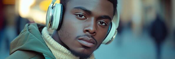 Young man relaxing with headphones in urban setting during daytime photo