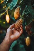 Person holding ripe cacao pods among green leaves during a sunny day in a tropical locale photo