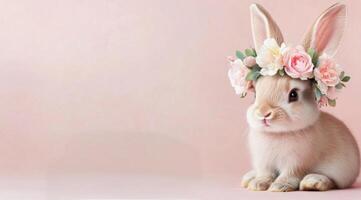 Cute bunny wearing a flower crown on a soft background during a spring celebration photo