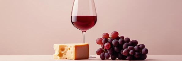 A glass of red wine beside a block of cheese and fresh grapes on a soft pink background photo