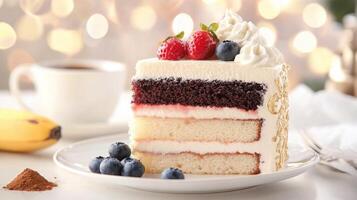 Deliciously layered chocolate cake with berries on a white plate in a bright kitchen setting photo