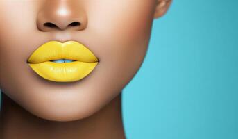 Close up of a models lips showcasing bright yellow lipstick against a blue background photo
