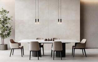 Modern dining room with minimalist decor and elegant lighting in a spacious setting photo