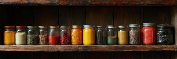 A vibrant collection of glass jars filled with spices arranged on a rustic wooden shelf photo