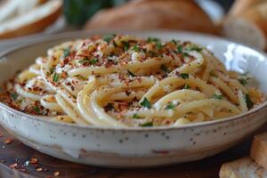 Close-up of a Bowl of Spaghetti with Red Pepper Flakes, Parsley, and Cheese photo