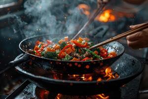 Stir-fried Vegetables Cooking in a Wok Over an Open Flame photo