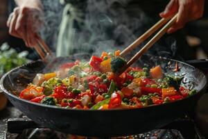 Steaming Vegetable Stir-Fry in a Wok with Wooden Chopsticks photo
