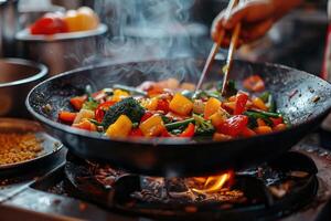 Close-up of Colorful Vegetables Stir-Fried in a Wok with Steam and Flames photo