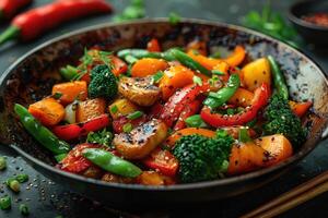 Stir-fried vegetables with sesame seeds in a black pan photo