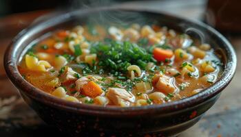 Steaming Bowl of Chicken Noodle Soup with Carrots and Green Onions photo