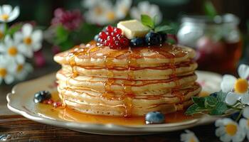 Stack of Golden Pancakes Topped with Butter, Berries, and Syrup photo