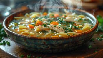 Steaming Bowl of Chicken Noodle Soup with Carrots and Parsley photo
