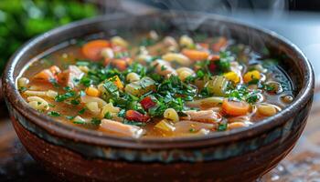 Steaming Bowl of Chicken Noodle Soup with Vegetables photo