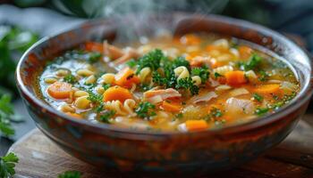 Steaming Bowl of Chicken Noodle Soup with Carrots and Parsley photo