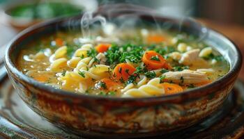 Steaming Bowl of Chicken Noodle Soup with Carrots and Parsley photo