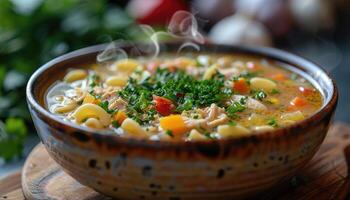 Steaming Bowl of Chicken Noodle Soup with Parsley Garnish photo