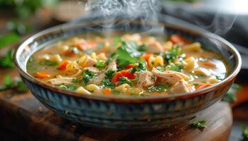 Steaming Bowl of Chicken Noodle Soup with Vegetables and Herbs photo