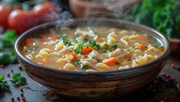 Steaming Bowl of Chicken Noodle Soup with Parsley and Carrots photo