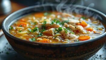 Steaming Bowl of Chicken Noodle Soup with Carrots and Parsley photo