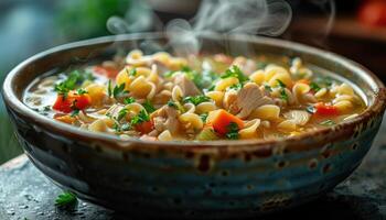 Steaming Bowl of Chicken Noodle Soup with Parsley Garnish photo