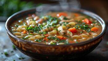 Steaming Bowl of Chicken Noodle Soup with Carrots and Parsley photo
