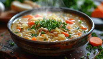 Steaming Bowl of Chicken Noodle Soup with Carrots and Parsley photo