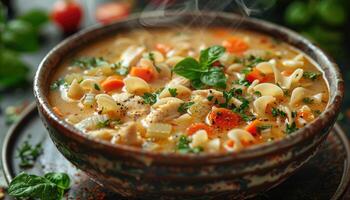 Steaming Bowl of Chicken Noodle Soup with Herbs and Spices photo