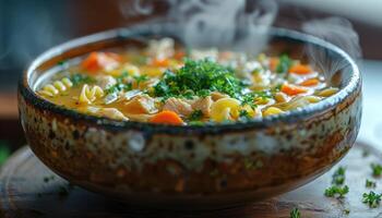 Steaming Bowl of Chicken Noodle Soup with Parsley Garnish photo