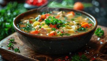 A Bowl of Steaming Chicken Noodle Soup with Carrots and Parsley photo