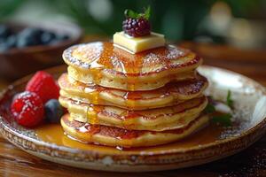 Stack of Golden Brown Pancakes Drizzled with Syrup and Topped with Butter and Berries photo
