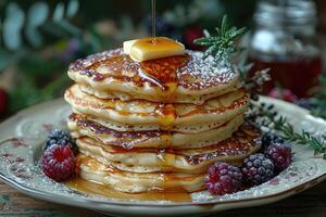 A Stack of Buttery Pancakes Drizzled with Syrup and Topped with Berries photo