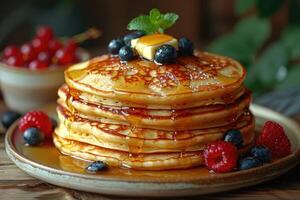 Stack of Buttery Pancakes Drizzled with Syrup and Topped with Berries and Mint photo