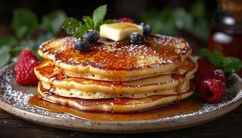 A Stack of Buttery Pancakes Topped with Syrup, Blueberries, and Powdered Sugar photo