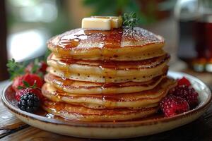 Stack of Buttery Pancakes Drizzled with Syrup and Topped with Fresh Berries photo