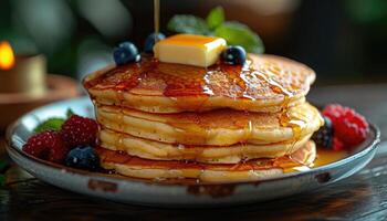 Close-up of a Stack of Buttery Pancakes Drizzled with Syrup and Topped with Berries photo