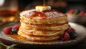 A Stack of Buttery Pancakes Drizzled with Syrup and Topped with Fresh Berries photo