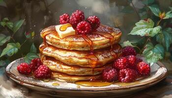 Stack of Pancakes Topped with Raspberries and Syrup photo