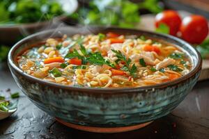 Steaming Bowl of Chicken Noodle Soup with Vegetables photo