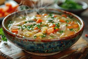 Steaming Bowl of Chicken Noodle Soup with Carrots and Parsley photo