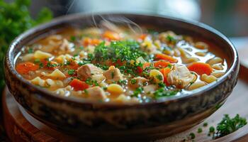 Steaming Bowl of Chicken Noodle Soup with Carrots and Parsley photo