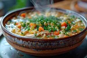 Steaming Bowl of Chicken Noodle Soup with Carrots and Green Onions photo