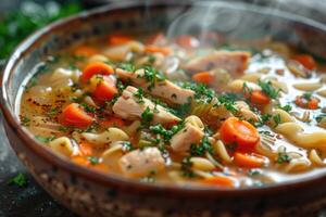 Close-up of steaming chicken noodle soup with carrots and parsley photo
