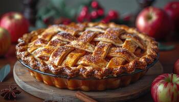 Close-up of a freshly baked apple pie with a lattice crust, glazed and sprinkled with sugar. photo