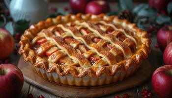 A freshly baked apple pie with a lattice crust, surrounded by apples photo