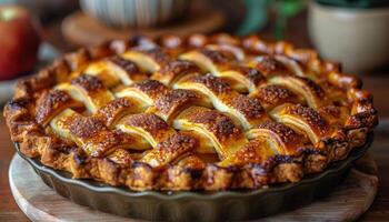 A Close-Up of a Golden Brown Apple Pie with a Lattice Crust photo