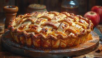 A Freshly Baked Apple Pie with Caramel Drizzle and Powdered Sugar photo