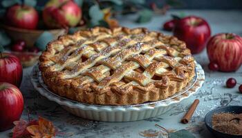 Golden-Brown Apple Pie with Lattice Crust and Powdered Sugar photo