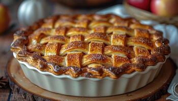 A Homemade Apple Pie with a Lattice Crust and Sugar Topping photo
