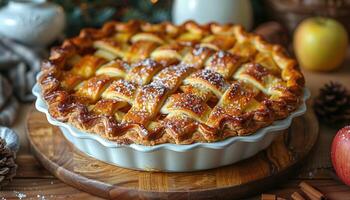 A Golden-Brown Apple Pie with Lattice Crust and Sugar Glaze photo