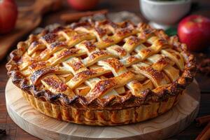 A Golden Brown Lattice-Crusted Apple Pie on a Wooden Board photo